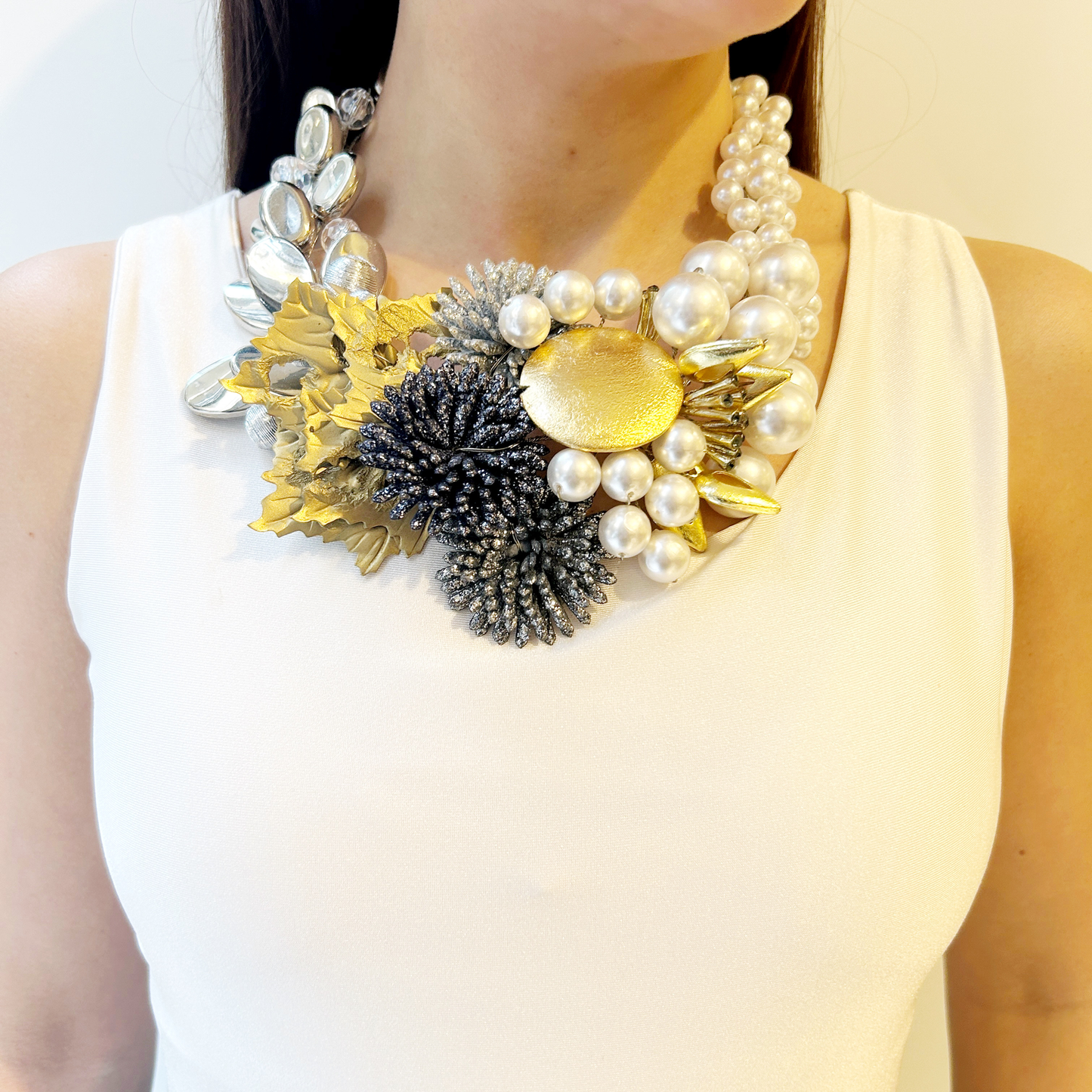 Collar "Rama" dorado, plateado y perla