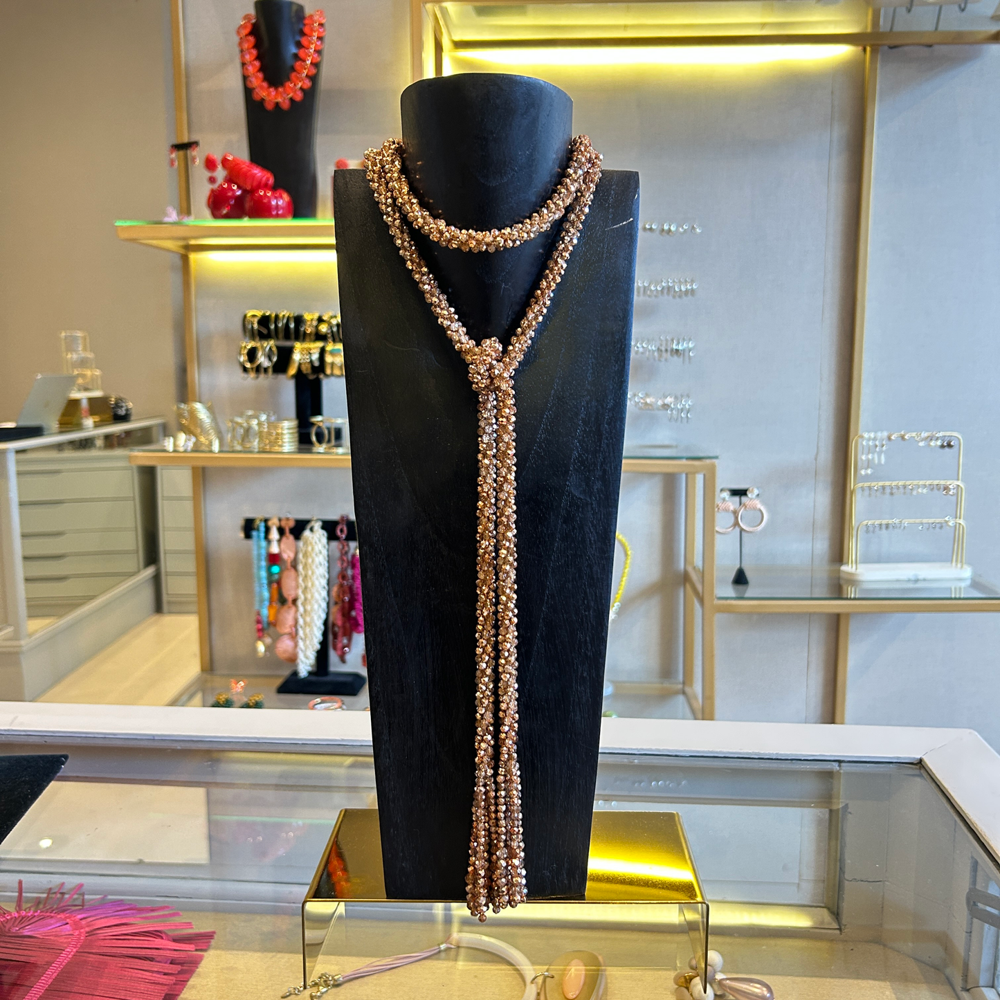 Collar largo cristales rosa dore