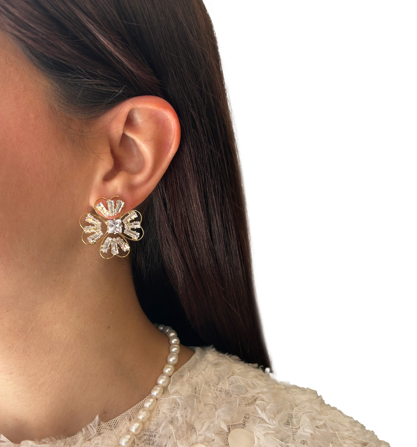 Aros flor zirconia y reborde metálico