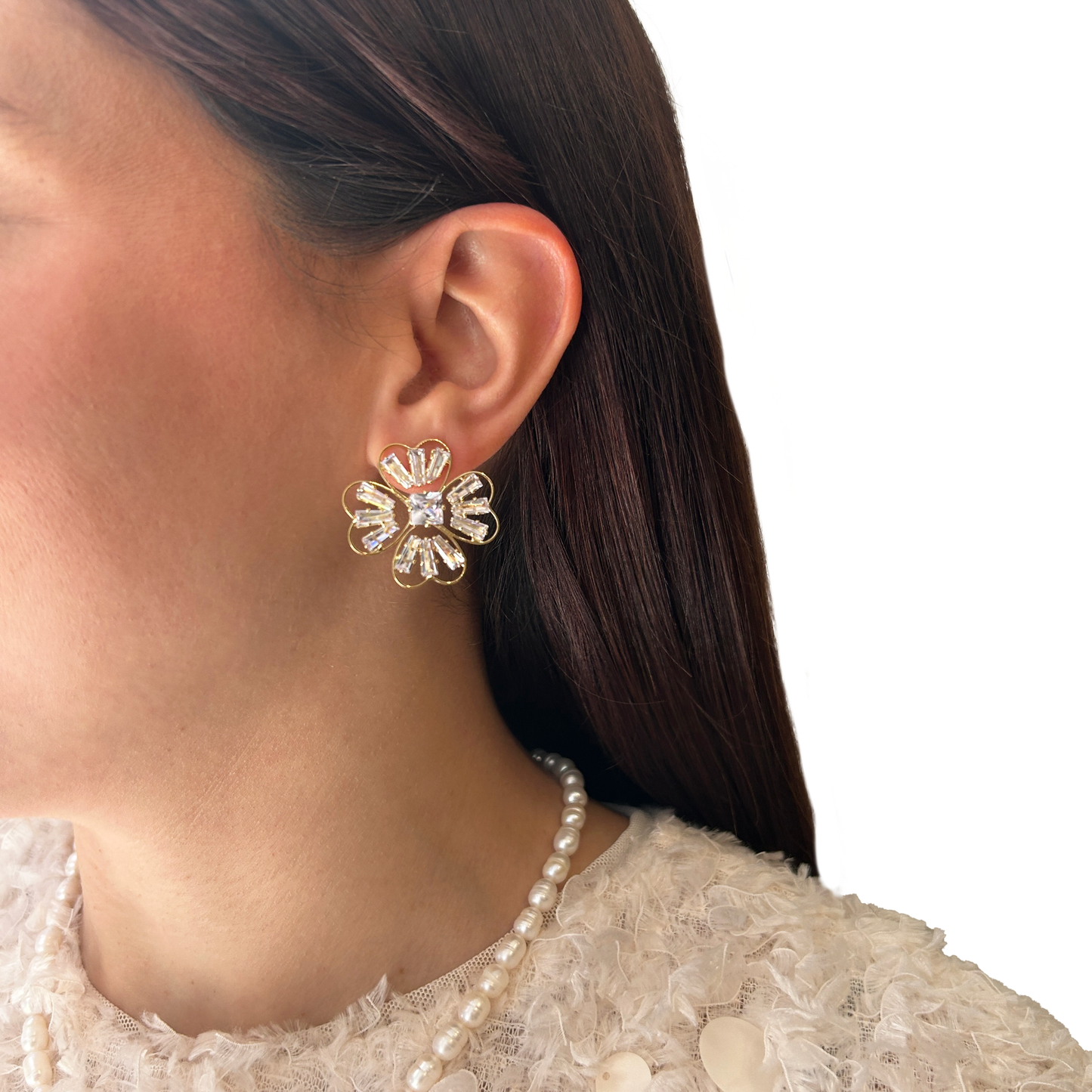 Aros flor zirconia y reborde metálico
