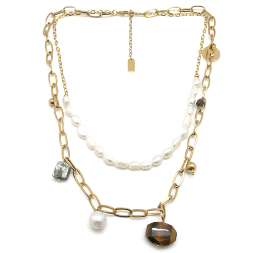 collar corto con piedras naturales y perlas