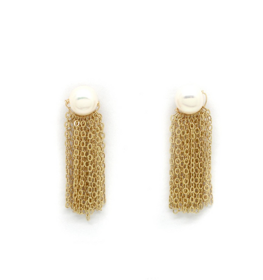 aros perlas con lluvia de cadena 