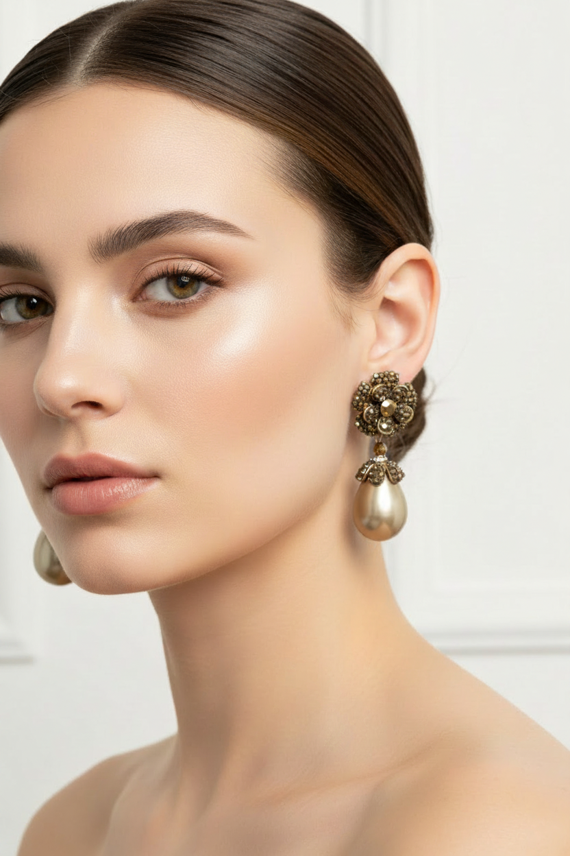 Aros flor con gota dorado