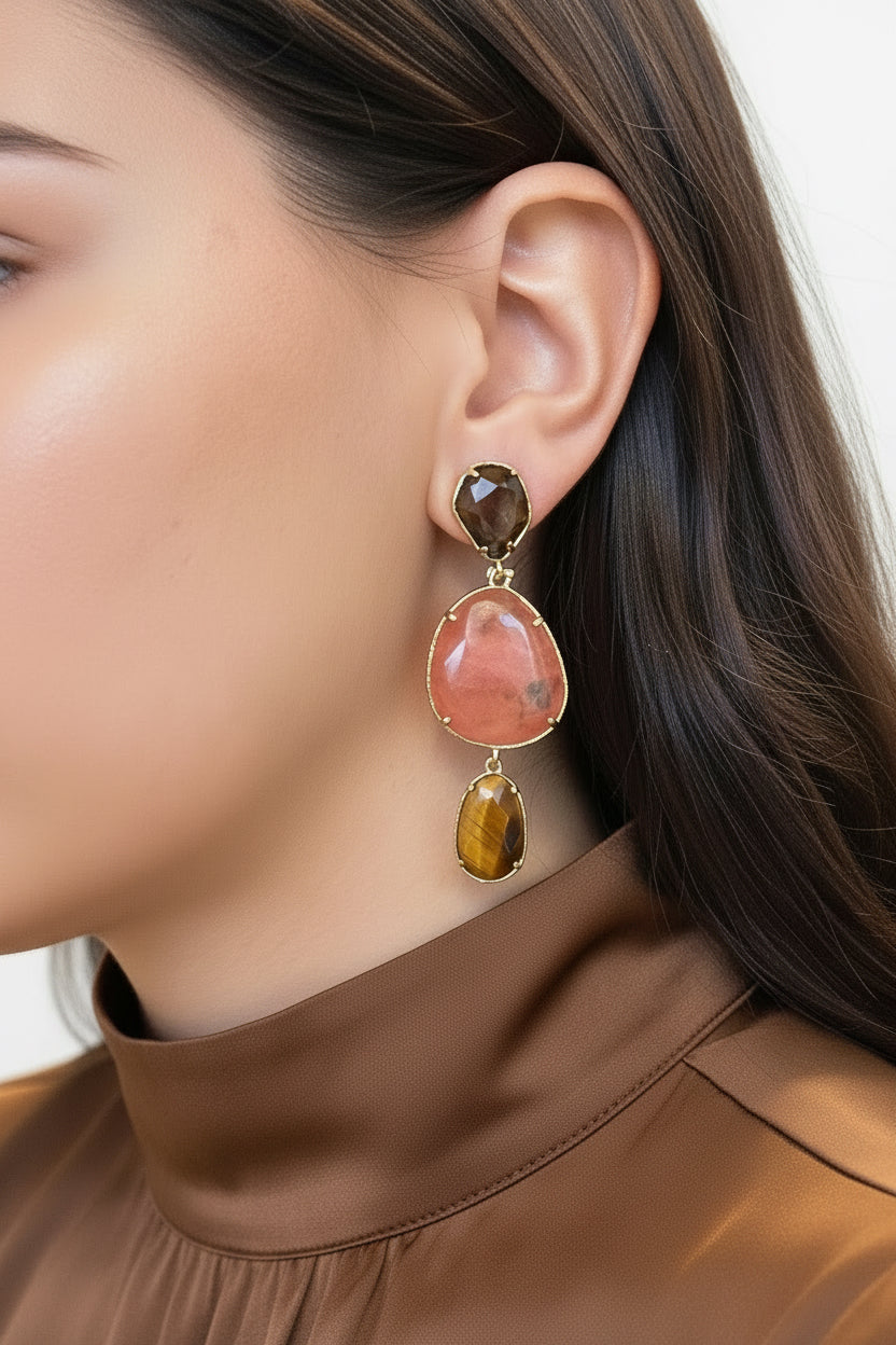 Aros piedra natural rosa y ojo de tigre