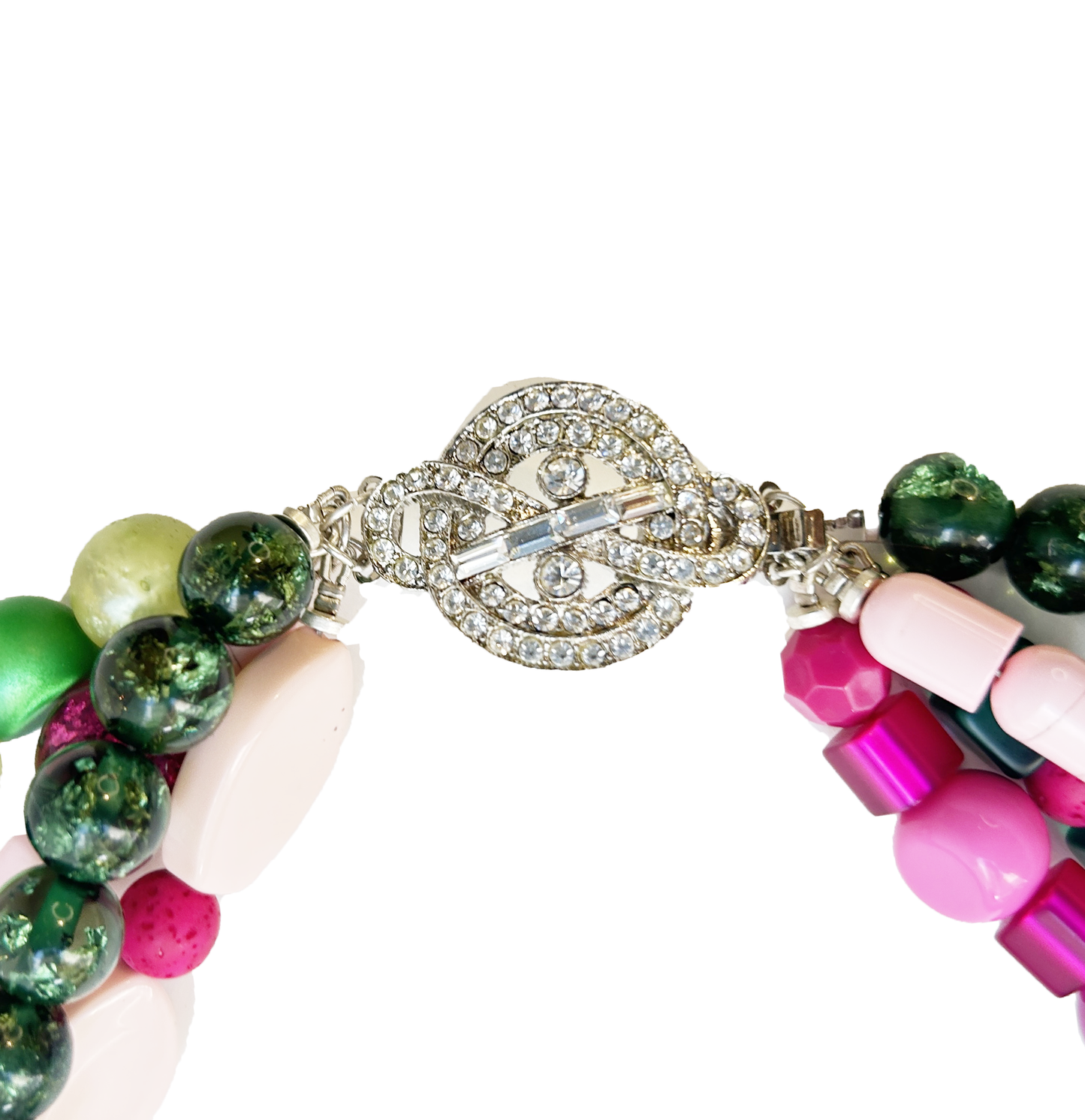 Collar fucsia, verde y rosa