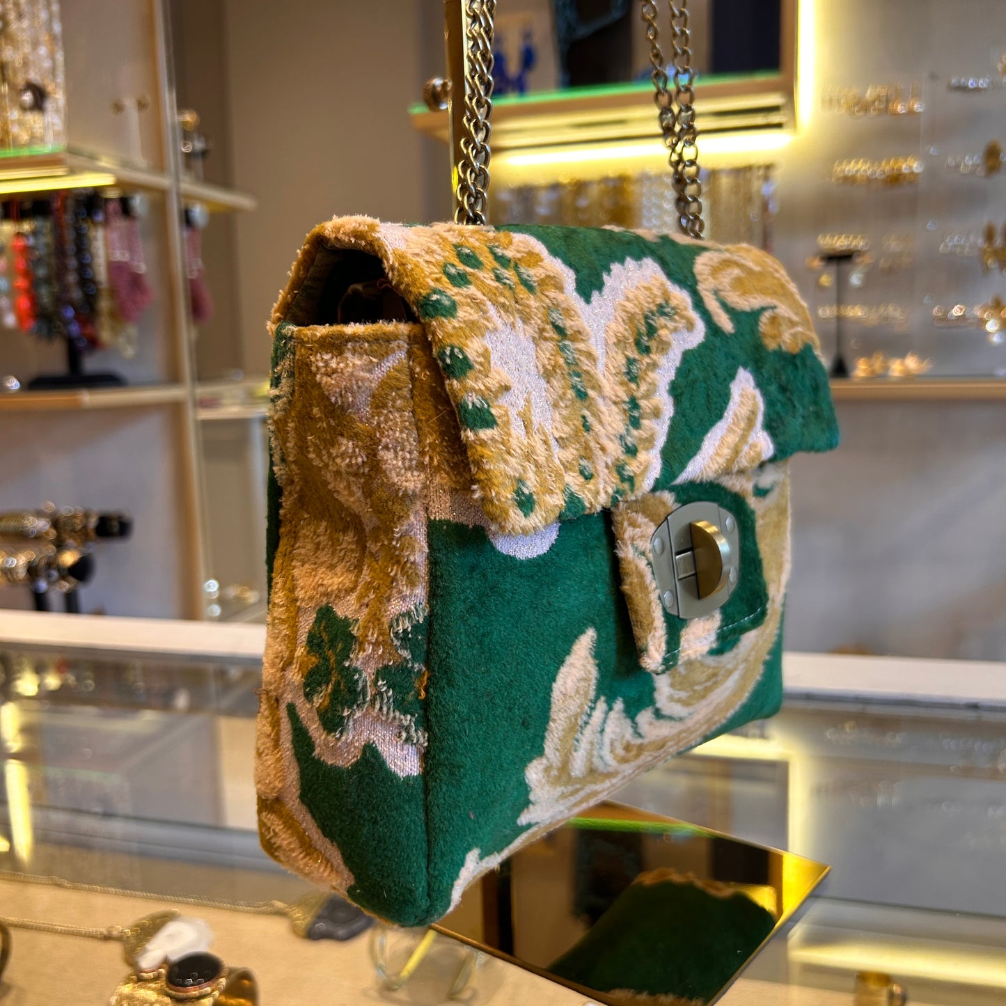 Bolso terciopelo tapiz verde y marron