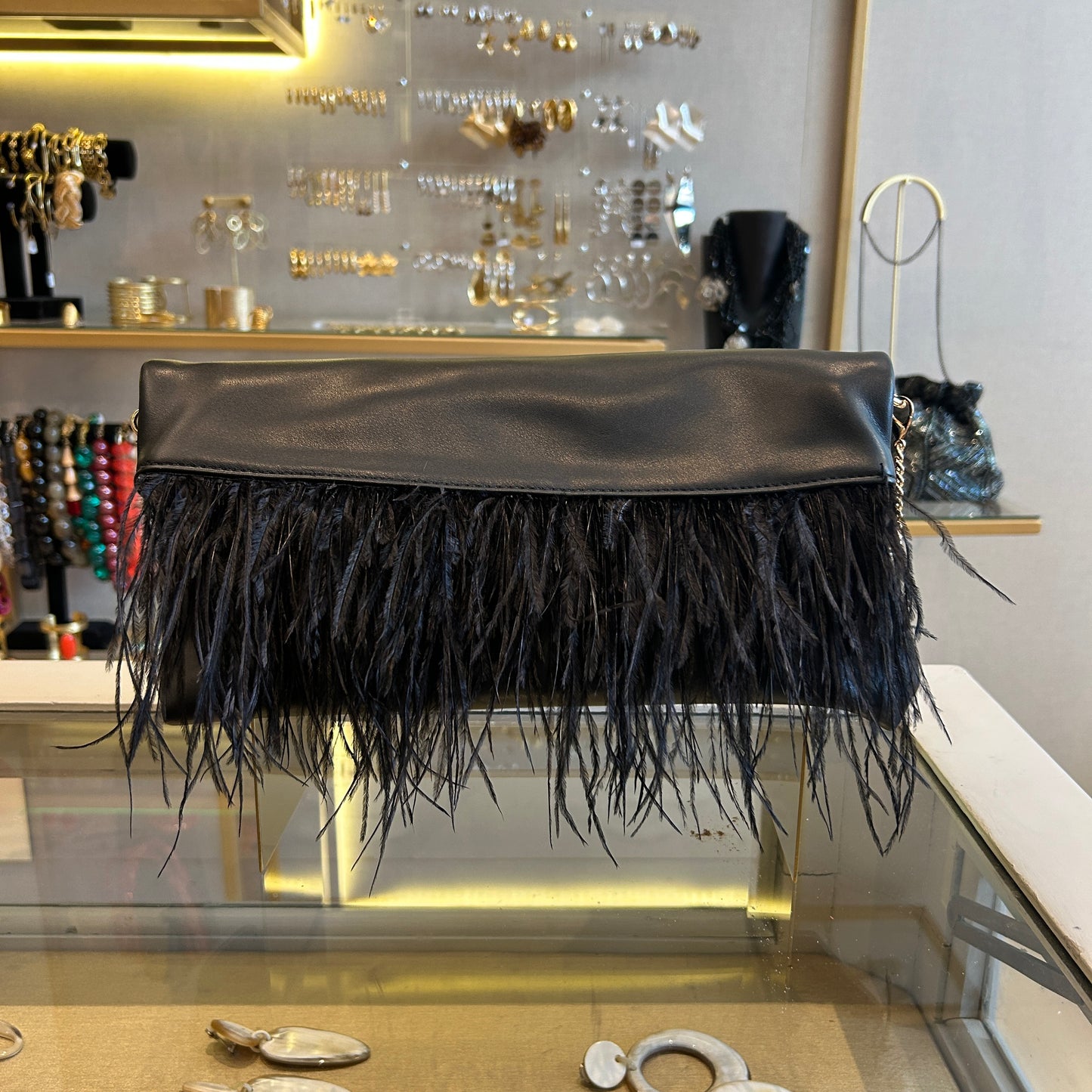 cartera nerga con plumas 