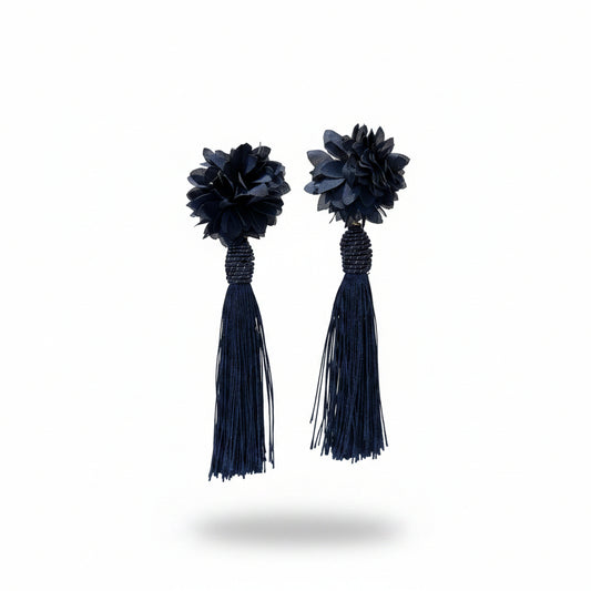 Aros azules de flor y fleco