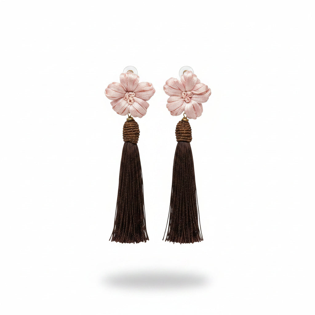 Aros flor rosa con fleco marron
