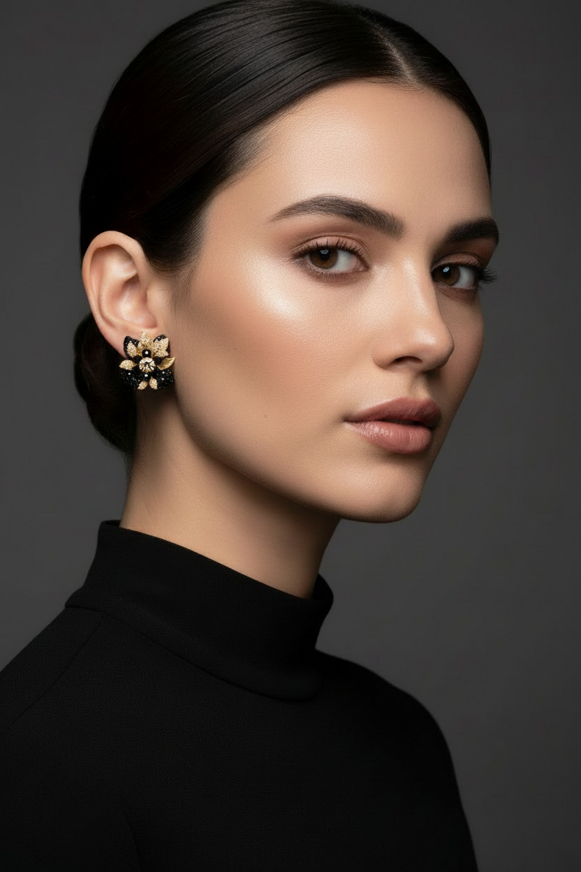 Aros flor negra y dorada