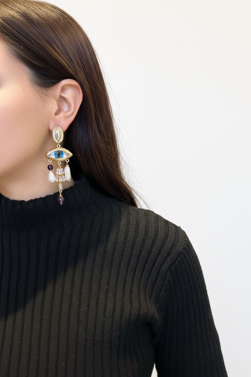Aros ojo con dije de perlas