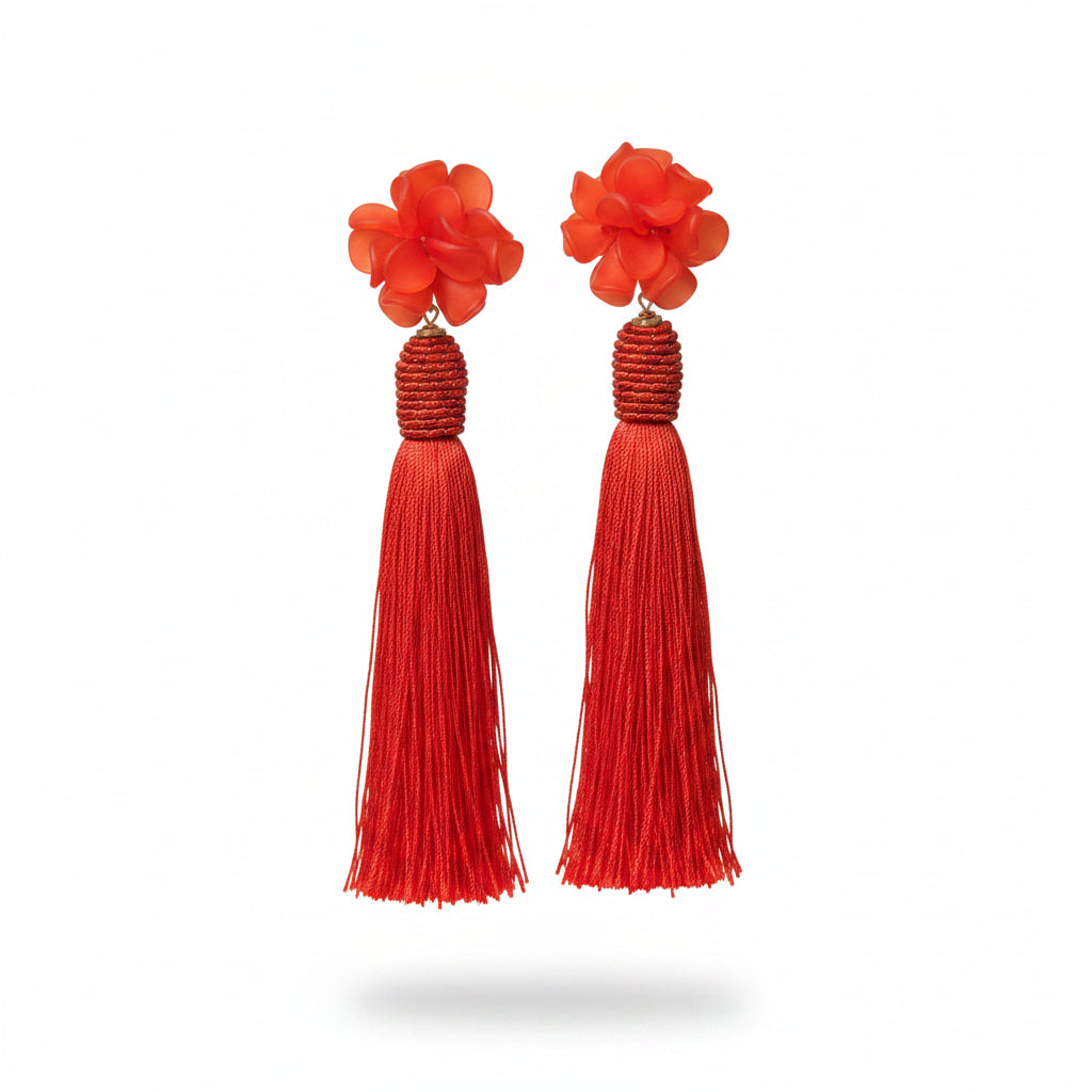 Aros flor roja con fleco